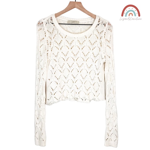 Loft Geo Pointelle Knit Crochet Dristressed Chewed Hem Sweater - Picture 2 of 10